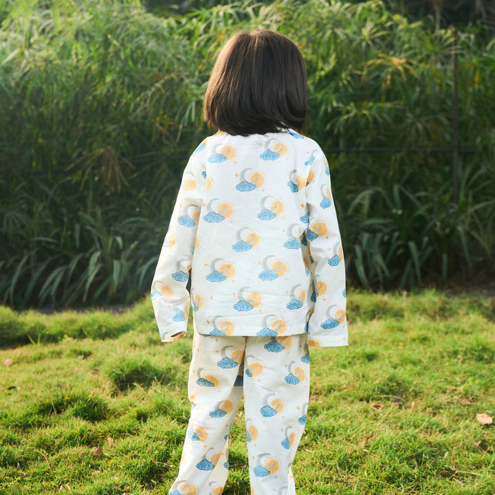 Sun and Moon Blockprinted Nightsuit Set-Kidswear-House of Ekam