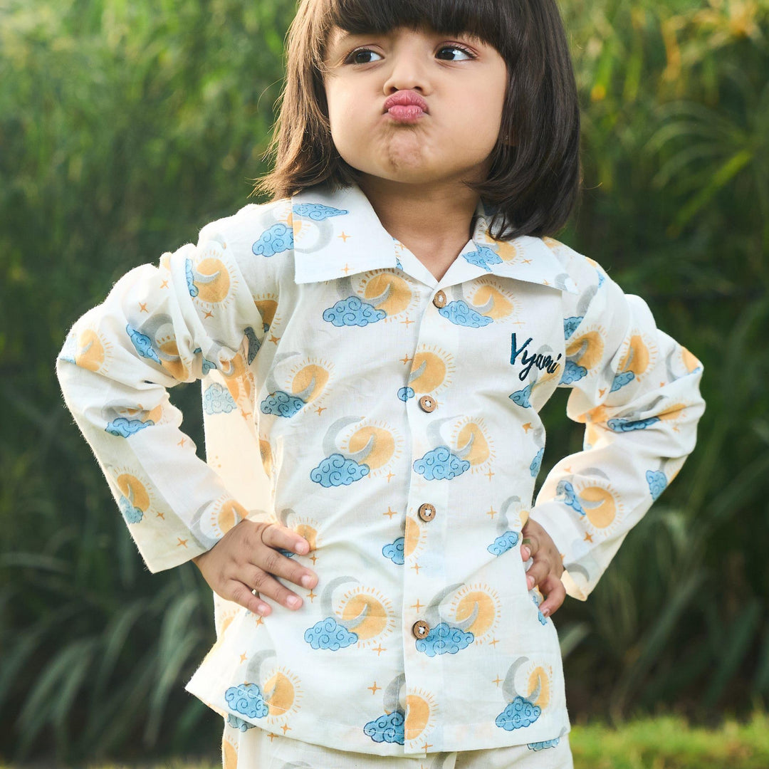 Sun and Moon Blockprinted Nightsuit Set-Kidswear-House of Ekam