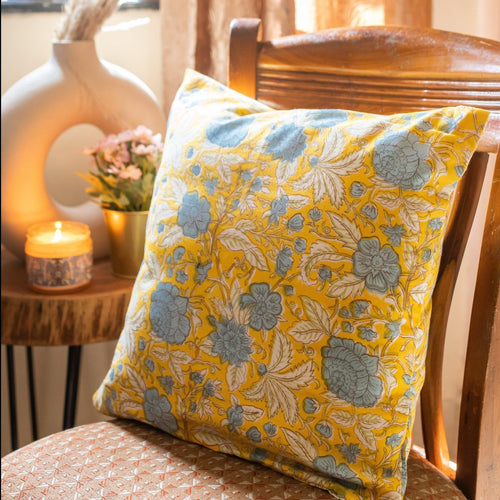 Sunshine Yellow Flower Print Cushion Cover-Cushion Covers-House of Ekam