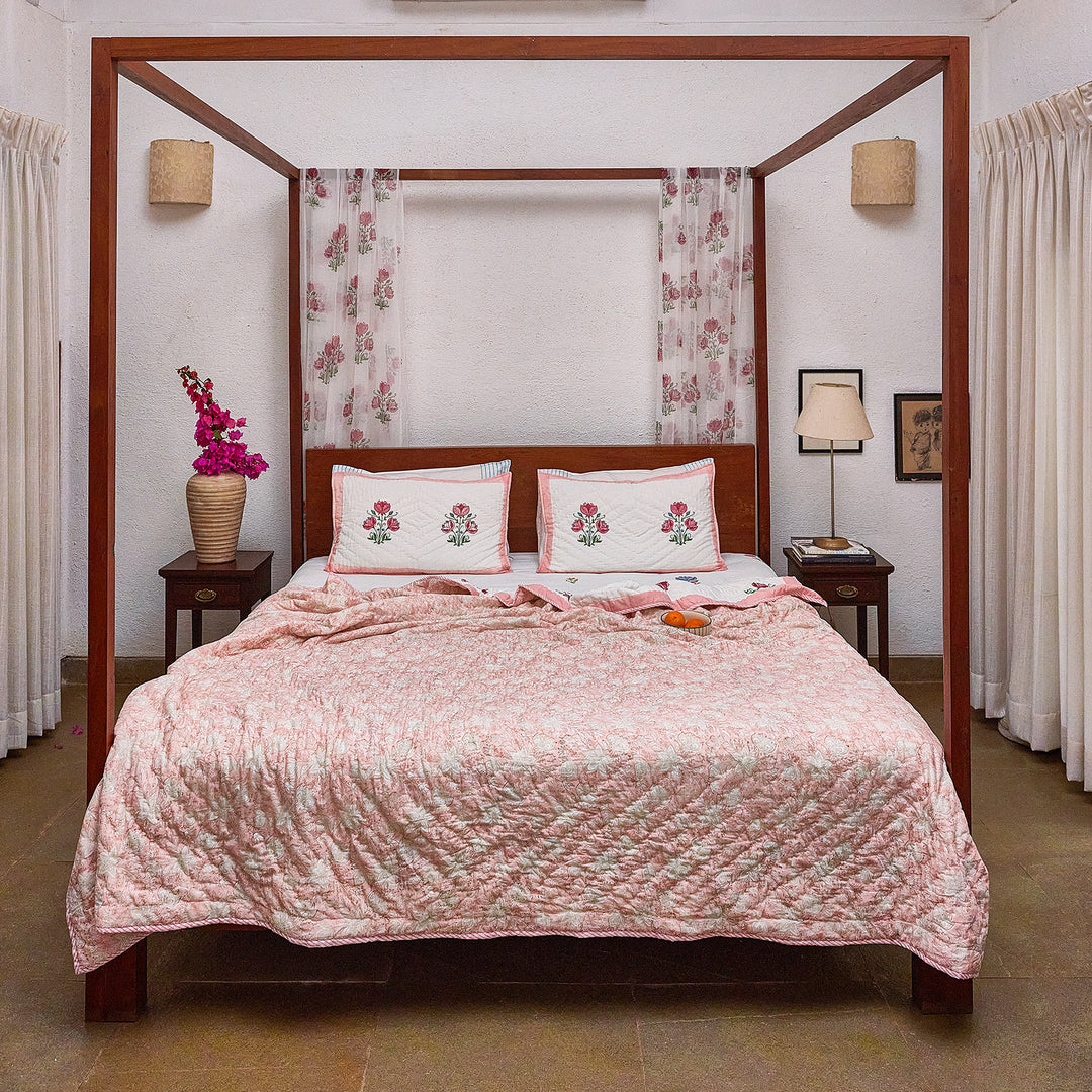 Tarini Amara Reversible Hand Blockprint Double Bed Quilt-Quilt sets-House of Ekam
