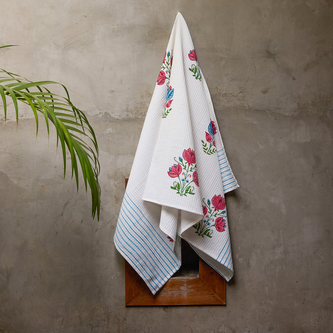 Tarini Blockprint Bath/Hand/Face Waffle Towel-bath towels-House of Ekam