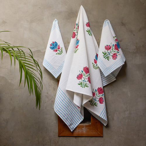 Tarini Blockprint Bath/Hand/Face Waffle Towel-bath towels-House of Ekam