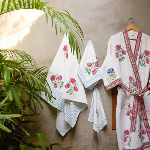 Tarini Blockprint Bath/Hand/Face Waffle Towel-bath towels-House of Ekam