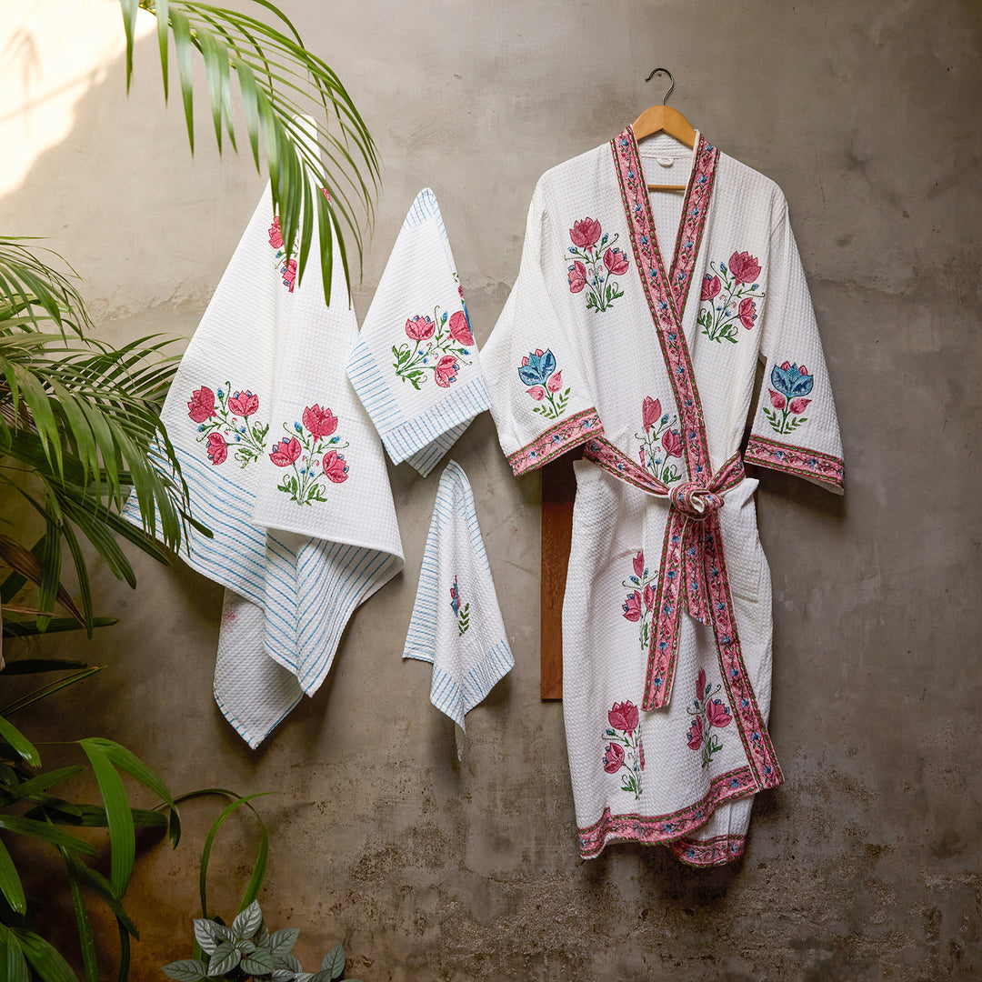 Tarini Blockprint Bath/Hand/Face Waffle Towel-bath towels-House of Ekam