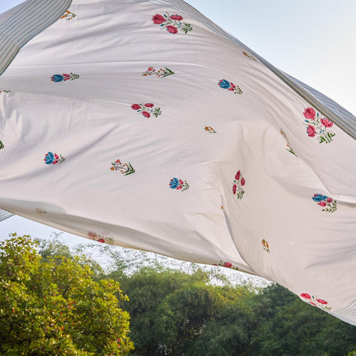 Tarini Four Buti Blockprint Double Bedsheet With Pillow Cover-Bedsheets-House of Ekam