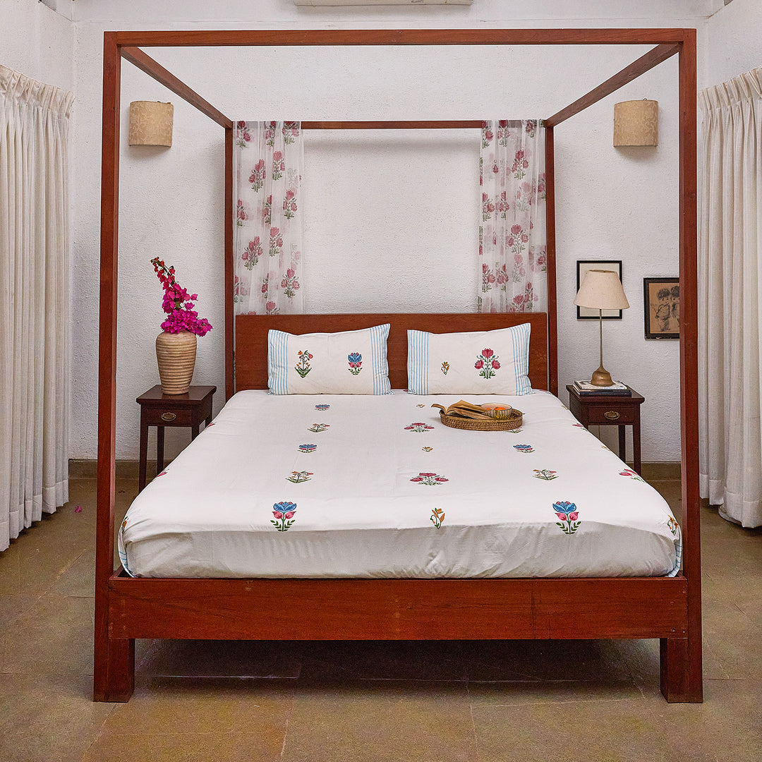 Tarini Four Buti Blockprint Double Bedsheet With Pillow Cover-Bedsheets-House of Ekam