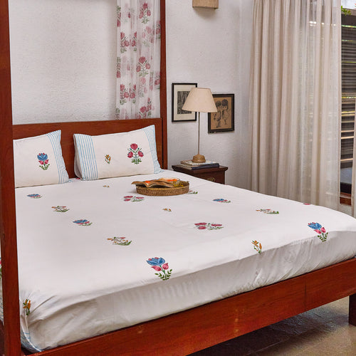 Tarini Four Buti Blockprint Double Bedsheet With Pillow Cover-Bedsheets-House of Ekam