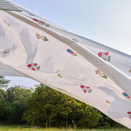 Tarini Four Buti Blockprint Double Bedsheet With Pillow Cover-Bedsheets-House of Ekam