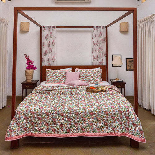 Tarini Jaal Reversible Hand Blockprint Double Bed Quilt-Quilt sets-House of Ekam