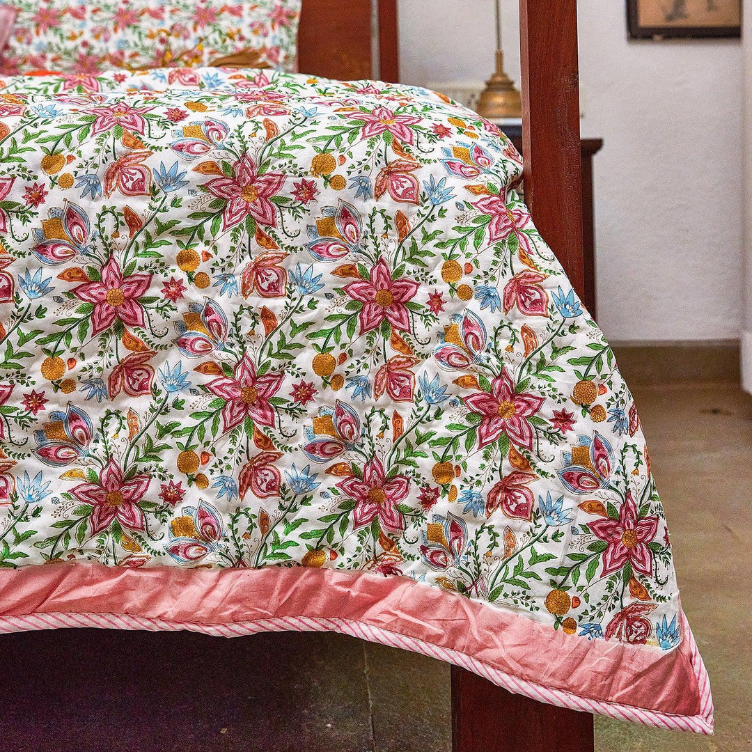 Tarini Jaal Reversible Hand Blockprint Double Bed Quilt-Quilt sets-House of Ekam