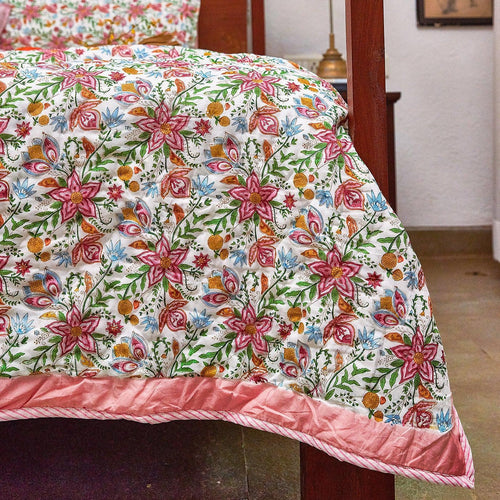Tarini Jaal Reversible Hand Blockprint Double Bed Quilt-Quilt sets-House of Ekam