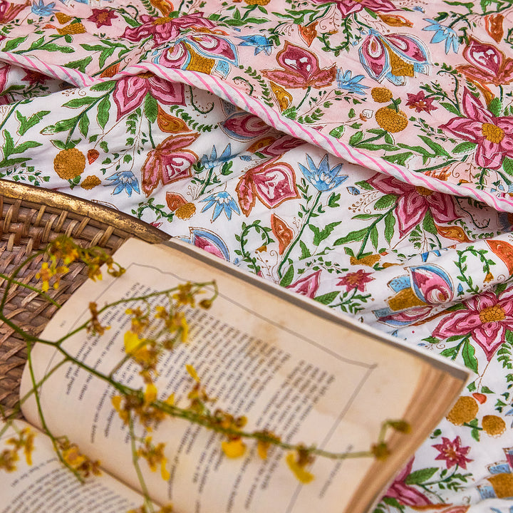 Tarini Jaal Reversible Hand Blockprint Double Bed Quilt-Quilt sets-House of Ekam