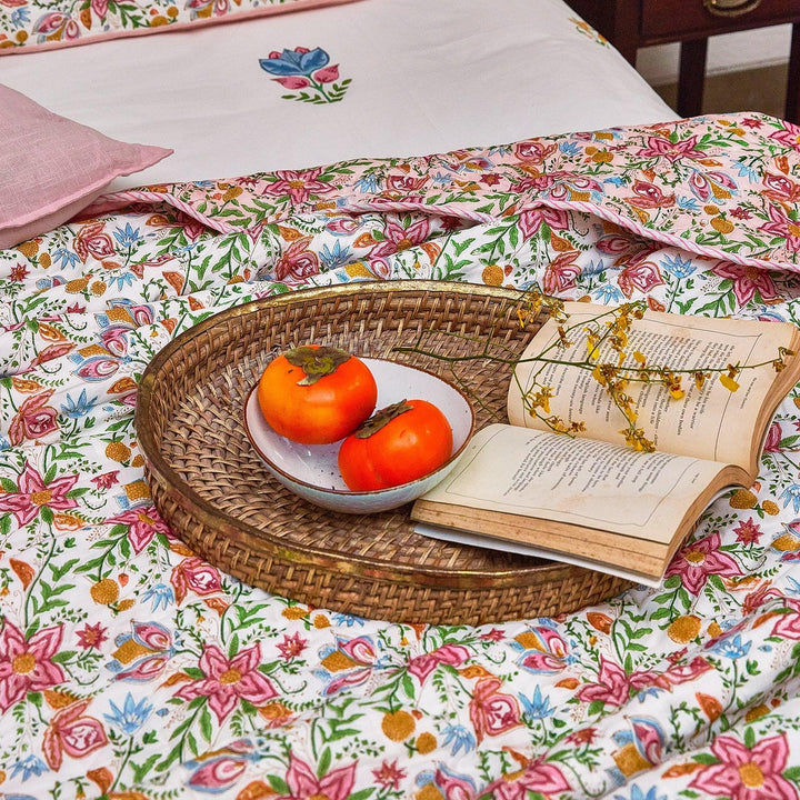 Tarini Jaal Reversible Hand Blockprint Double Bed Quilt-Quilt sets-House of Ekam