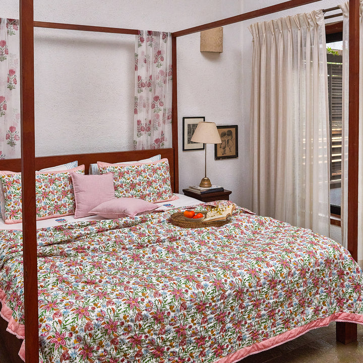 Tarini Jaal Reversible Hand Blockprint Double Bed Quilt-Quilt sets-House of Ekam