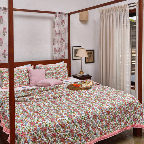 Tarini Jaal Reversible Hand Blockprint Double Bed Quilt-Quilt sets-House of Ekam