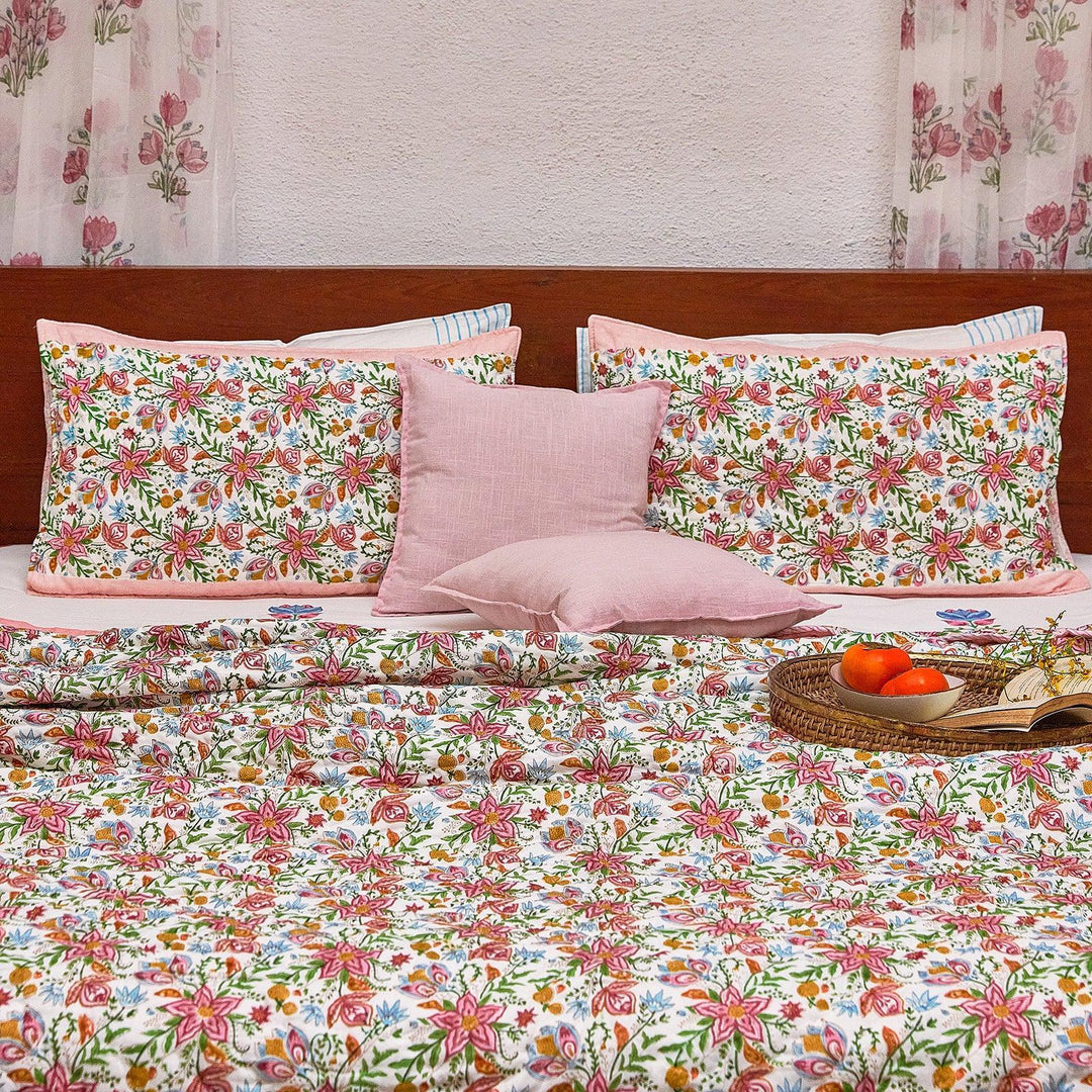 Tarini Jaal Reversible Hand Blockprint Double Bed Quilt-Quilt sets-House of Ekam