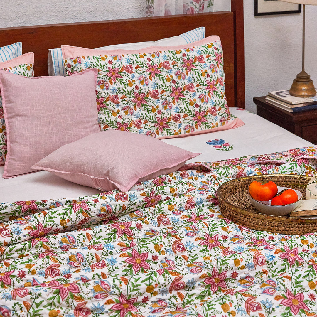 Tarini Jaal Reversible Hand Blockprint Double Bed Quilt-Quilt sets-House of Ekam