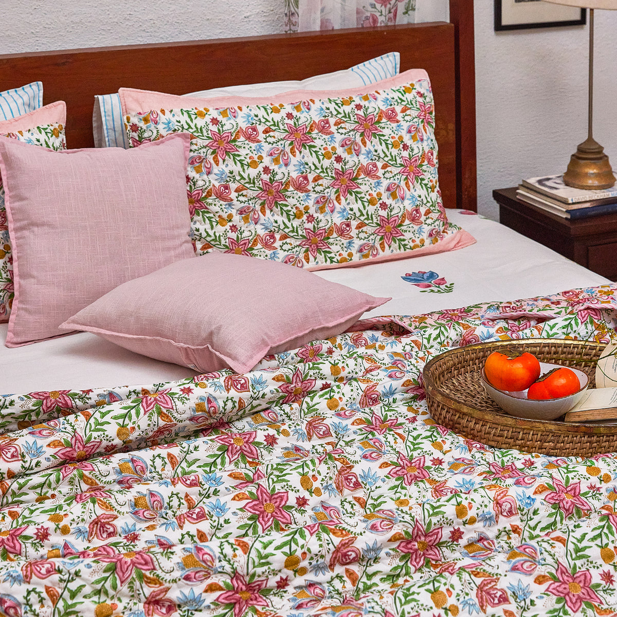 Tarini Jaal Reversible Hand Blockprint Double Bed Quilt-Quilt sets-House of Ekam