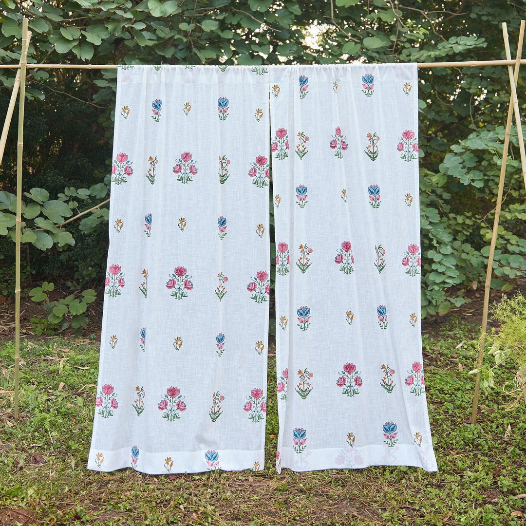 Tarini Multi Buti Blockprint Cotton Slub Curtain-Curtains-House of Ekam