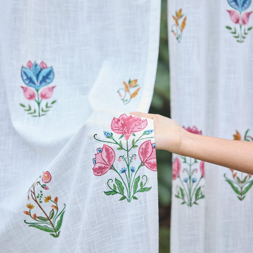 Tarini Multi Buti Blockprint Cotton Slub Curtain-Curtains-House of Ekam