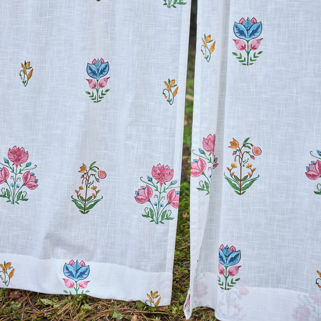 Tarini Multi Buti Blockprint Cotton Slub Curtain-Curtains-House of Ekam