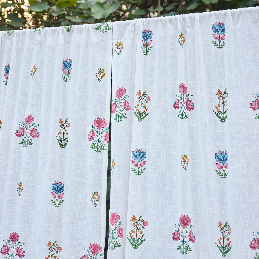 Tarini Multi Buti Blockprint Cotton Slub Curtain-Curtains-House of Ekam