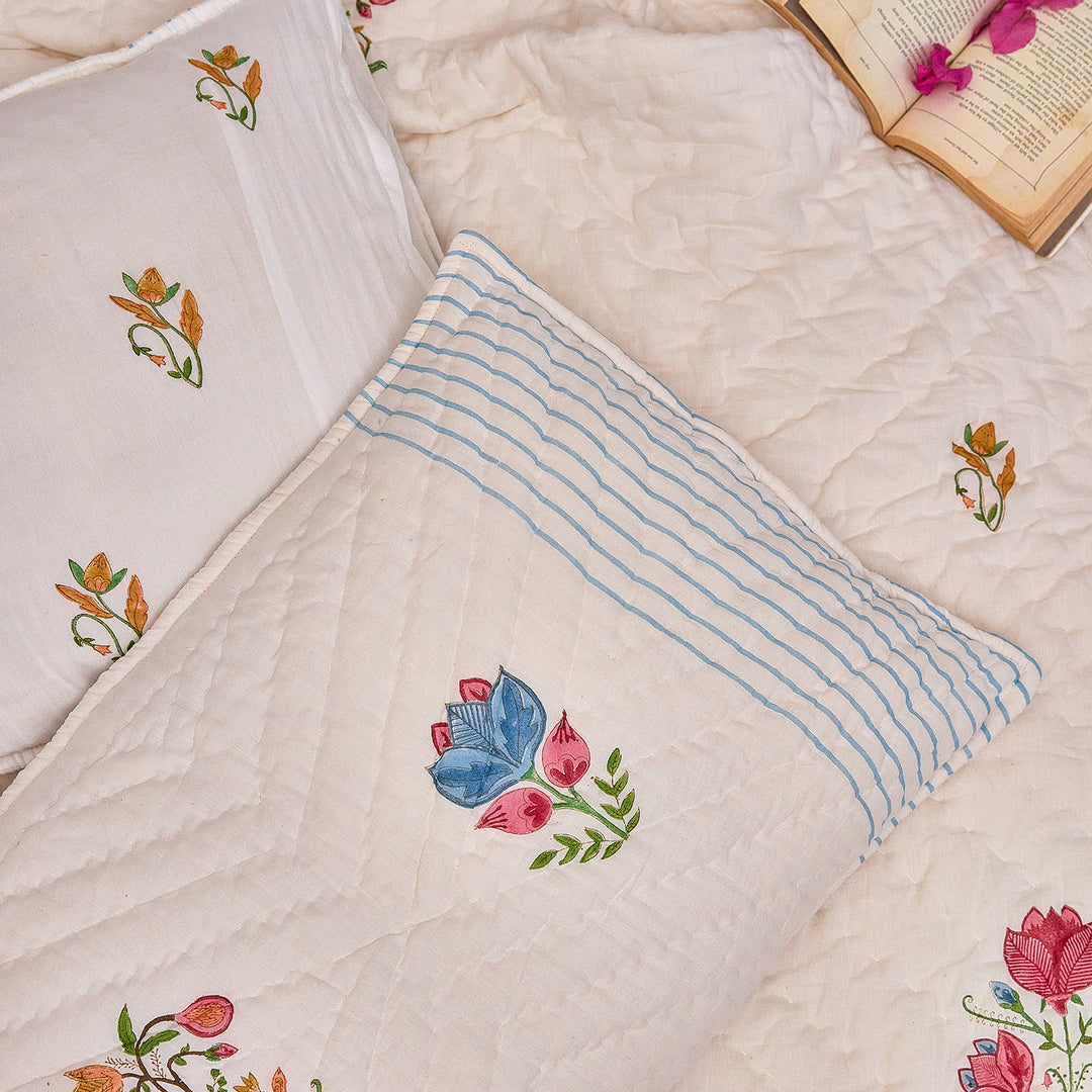 Tarini Multi Buti Hand Blockprint Double Bed Quilt-Quilt sets-House of Ekam