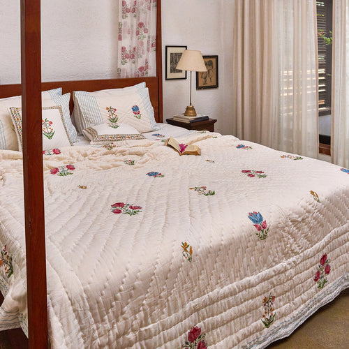 Tarini Multi Buti Hand Blockprint Double Bed Quilt-Quilt sets-House of Ekam