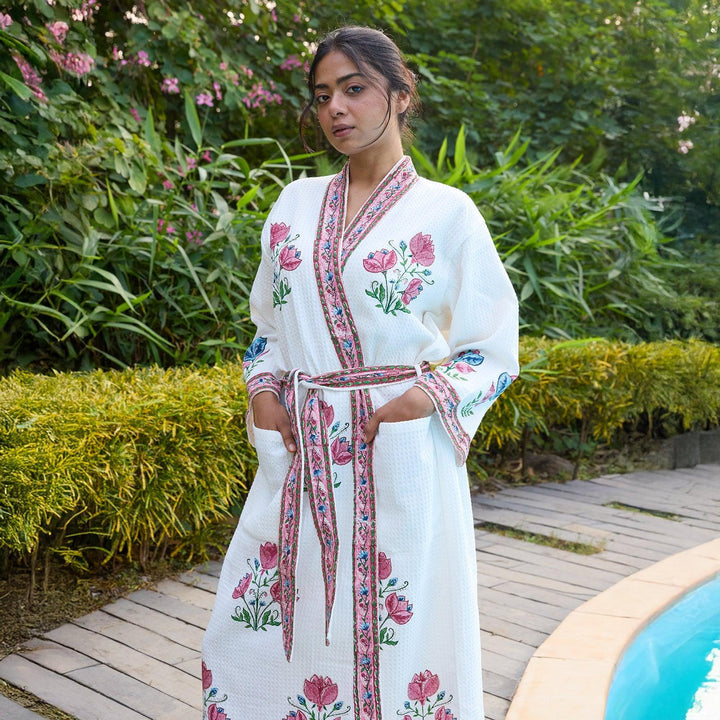 Tarini Pink Blockprinted Cotton Bathrobe-Bath robes-House of Ekam