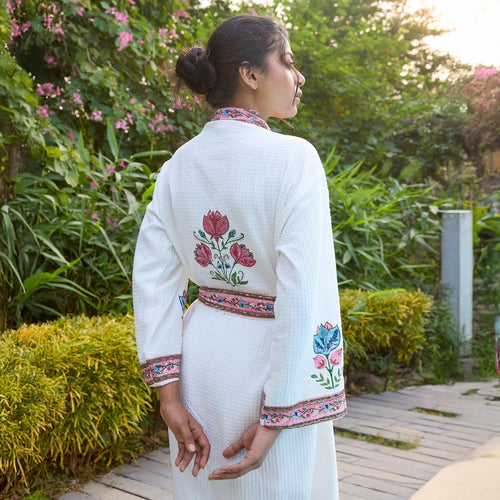 Tarini Pink Blockprinted Cotton Bathrobe-Bath robes-House of Ekam