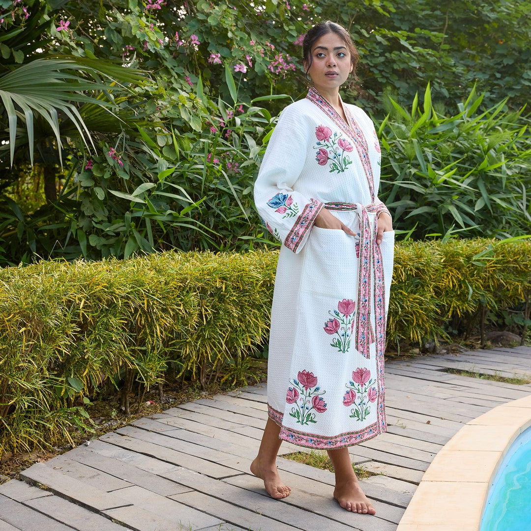 Tarini Pink Blockprinted Cotton Bathrobe-Bath robes-House of Ekam