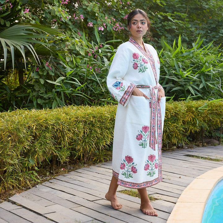 Tarini Pink Blockprinted Cotton Bathrobe-Bath robes-House of Ekam