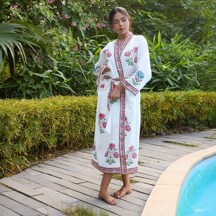 Tarini Pink Blockprinted Cotton Bathrobe-Bath robes-House of Ekam