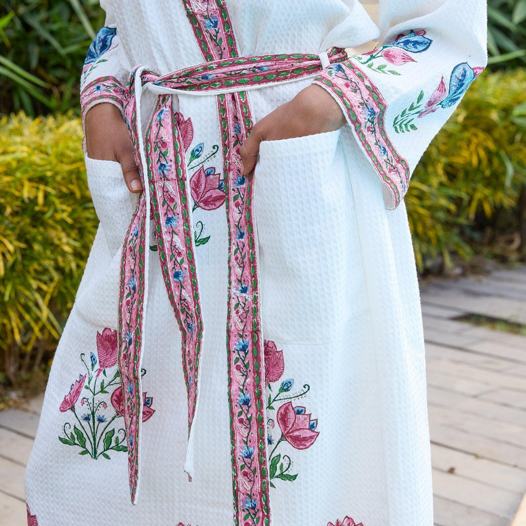 Tarini Pink Blockprinted Cotton Bathrobe-Bath robes-House of Ekam