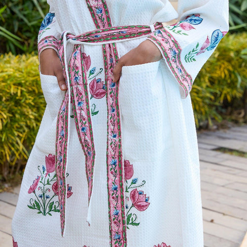Tarini Pink Blockprinted Cotton Bathrobe-Bath robes-House of Ekam