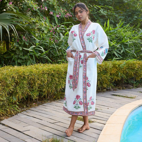 Tarini Pink Blockprinted Cotton Bathrobe-Bath robes-House of Ekam