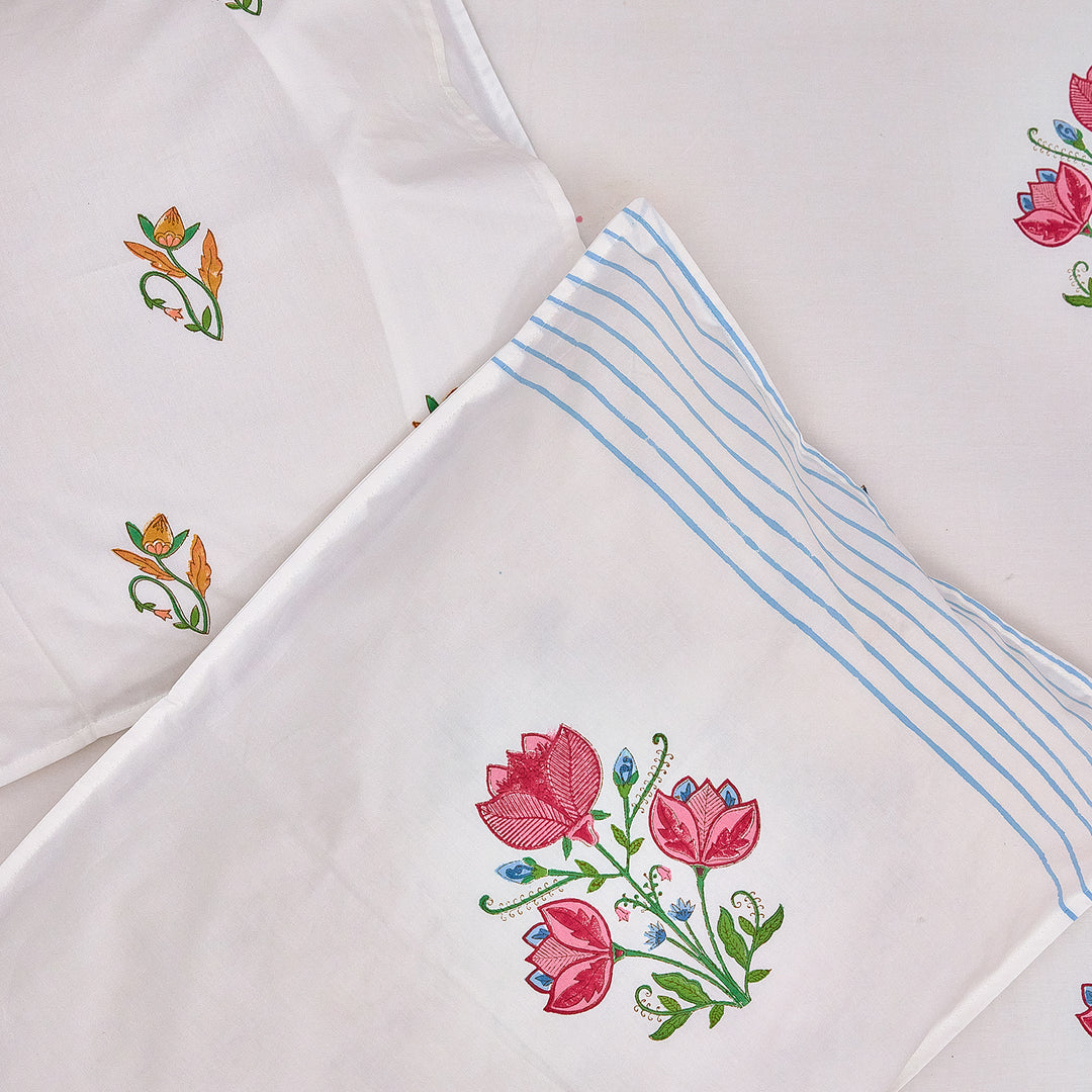 Tarini Two Buti Blockprint Double Bedsheet With Pillow Cover-Bedsheets-House of Ekam