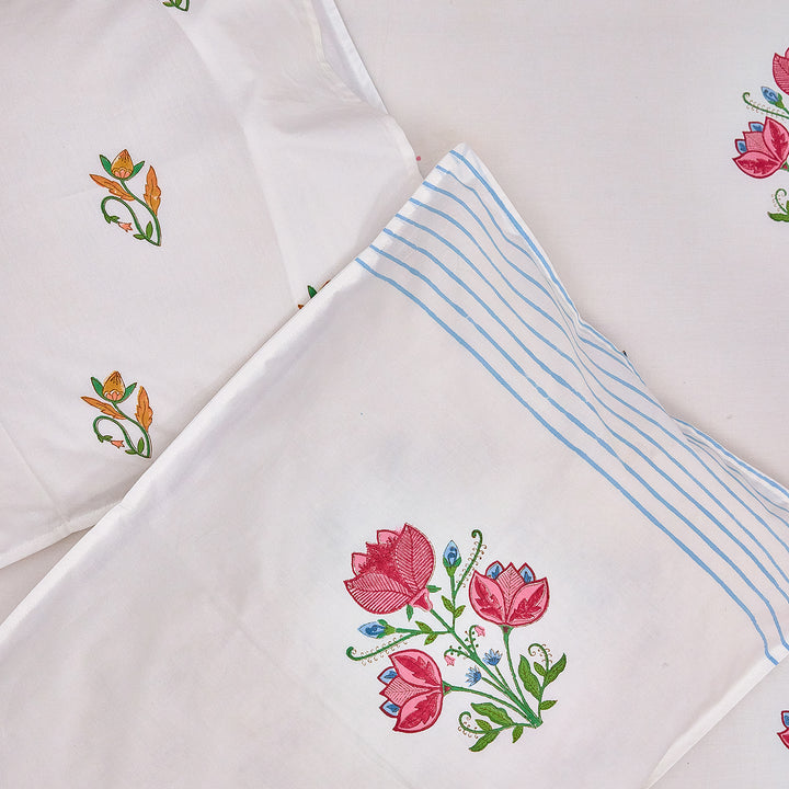 Tarini Two Buti Blockprint Double Bedsheet With Pillow Cover-Bedsheets-House of Ekam