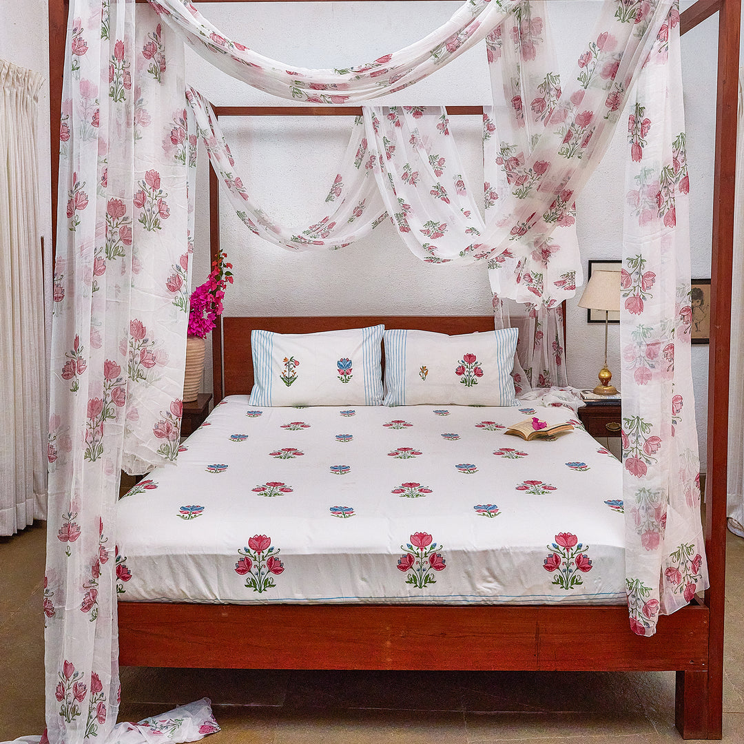 Tarini Two Buti Blockprint Double Bedsheet With Pillow Cover-Bedsheets-House of Ekam