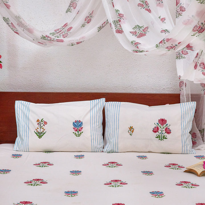 Tarini Two Buti Blockprint Double Bedsheet With Pillow Cover-Bedsheets-House of Ekam