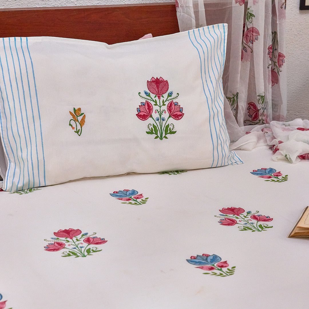 Tarini Two Buti Blockprint Double Bedsheet With Pillow Cover-Bedsheets-House of Ekam