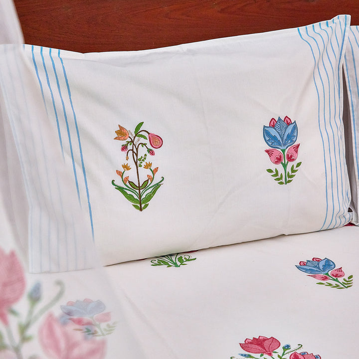 Tarini Two Buti Blockprint Double Bedsheet With Pillow Cover-Bedsheets-House of Ekam