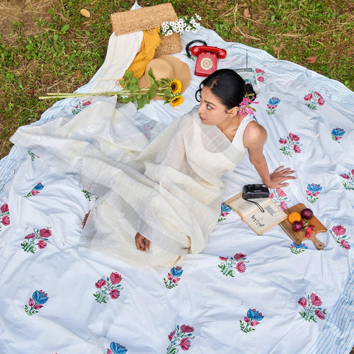 Tarini Two Buti Blockprint Double Bedsheet With Pillow Cover-Bedsheets-House of Ekam