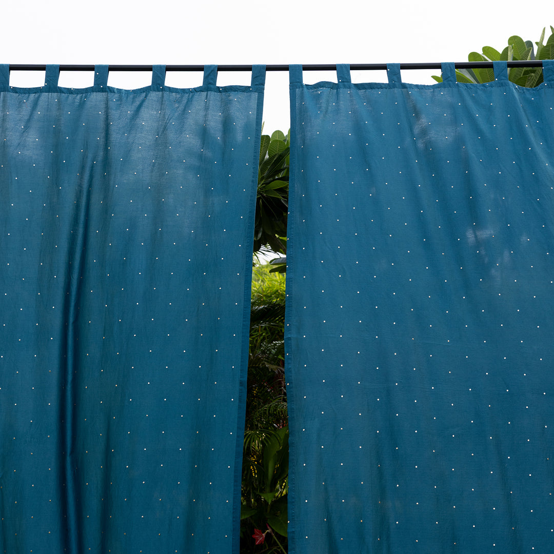 Teal Chanderi Mukaish Work Shiny Handmade Curtain-Curtains-House of Ekam
