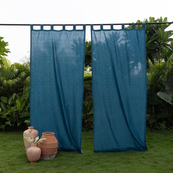Teal Chanderi Mukaish Work Shiny Handmade Curtain-Curtains-House of Ekam