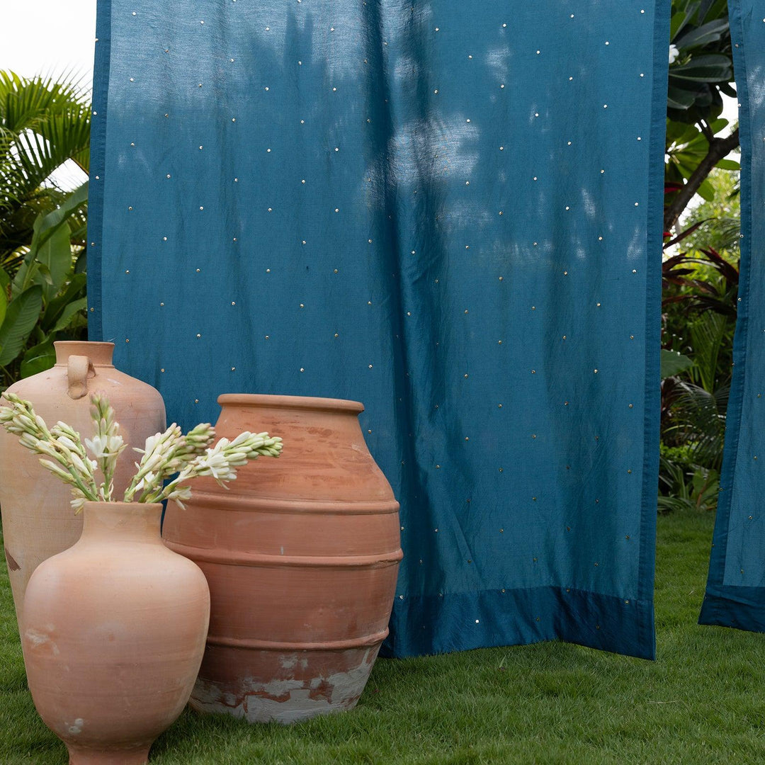 Teal Chanderi Mukaish Work Shiny Handmade Curtain-Curtains-House of Ekam