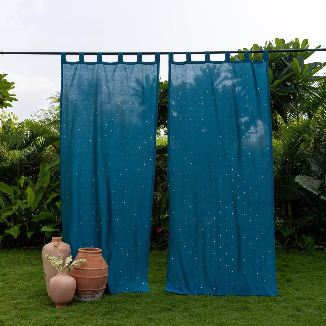 Teal Chanderi Mukaish Work Shiny Handmade Curtain-Curtains-House of Ekam