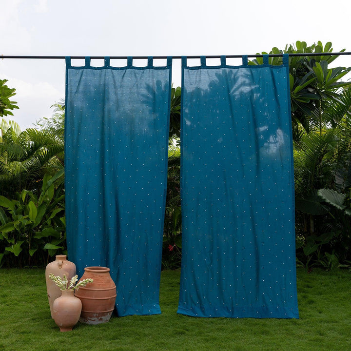 Teal Chanderi Mukaish Work Shiny Handmade Curtain-Curtains-House of Ekam