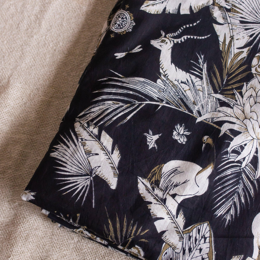 The Art Of God Black Jungle Hand Screenprinted Cotton Fabric-fabric-House of Ekam