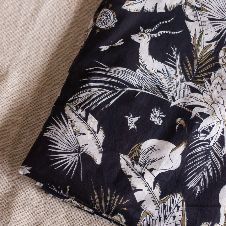 The Art Of God Black Jungle Hand Screenprinted Cotton Fabric-fabric-House of Ekam